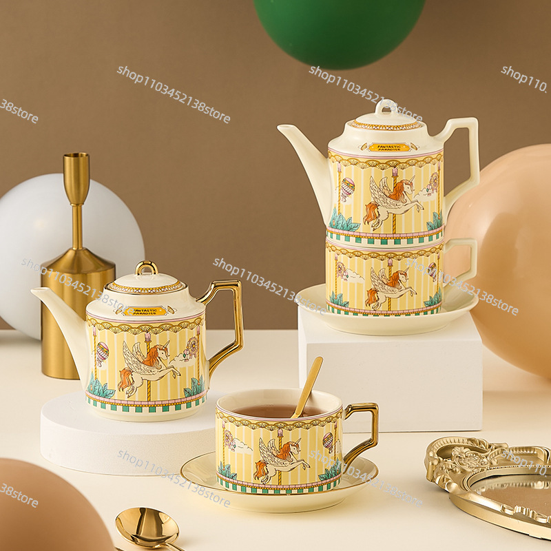 Coffee Tea Gift Set - 陶磁器ティーセット回転式ギフトボックス イギリス風ティーポット 金メッキコーヒーカップ＆ソーサー