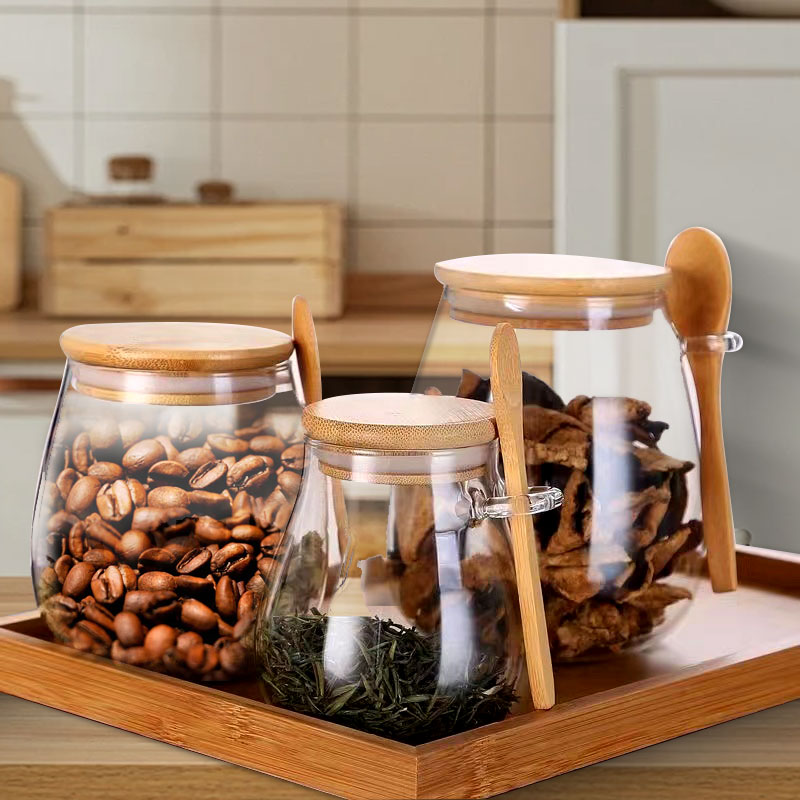 Coffee Tea Jar Set - スプーンと蓋付きのガラスジャー、透明なスパイスジャー、小さな食品保存容器、砂糖、お茶、キッチン、コーヒー、34オンス