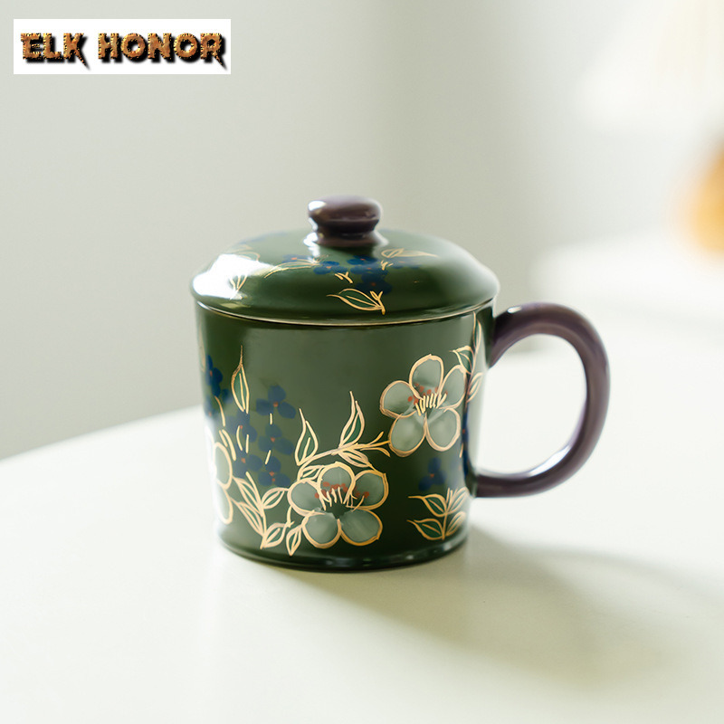 Coffee Jasmine Tea - 300 ミリリットル手描きジャスミンの花蓋付きコーヒーマグホットチョコレートカップアフタヌーンティーマグ家庭用オフィス水カップ茶器