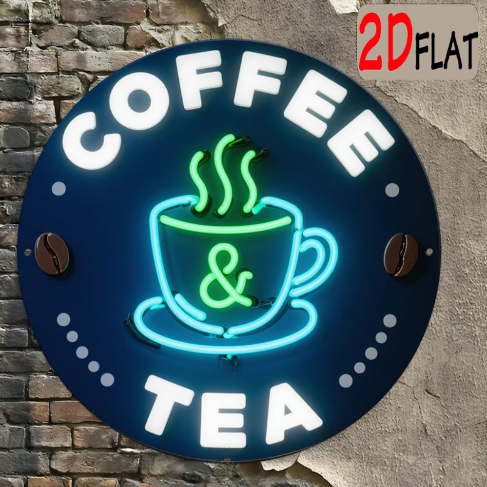 Coffee Tea Neon Sign - 丸型メタルティンサイン コーヒー＆ティー フェイクネオンプリント ウォールデコレーション、非LED 2Dフラットメタルプレート カフェ、コーヒーショップ、キッチン用