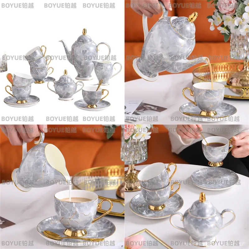 Coffee Tea Gift Set - 高級ボーンチャイナコーヒーカップ＆ソーサーセット、ティーポット付き、エレガントなアフタヌーンティーサービスギフトボックス、プレミアム磁器製ドリンクウェア