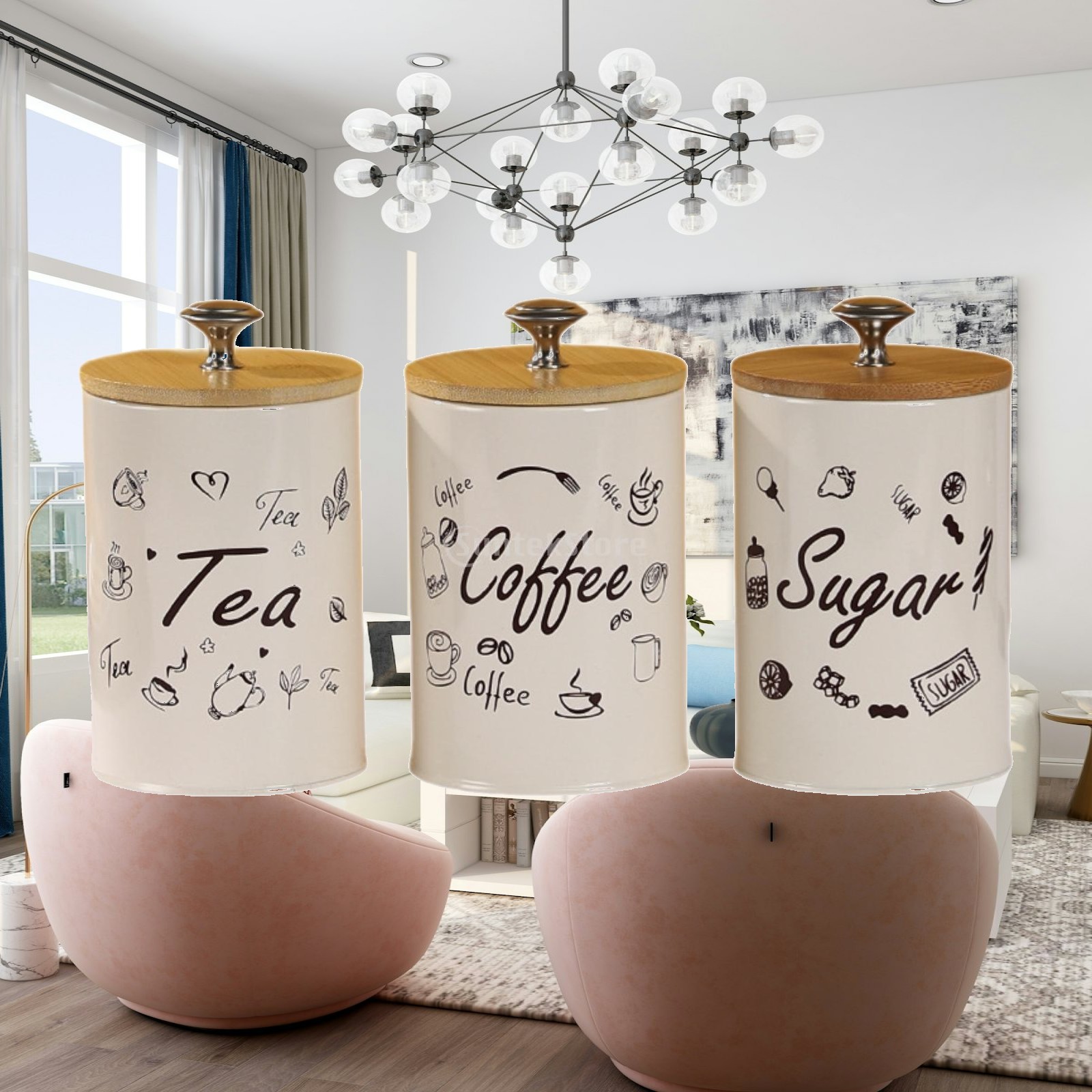 Coffee Tea Jar Set - 農家風コーヒー・紅茶・砂糖キャニスターセット キッチン装飾 鉄製竹製保存容器 蓋付き おしゃれな家庭用