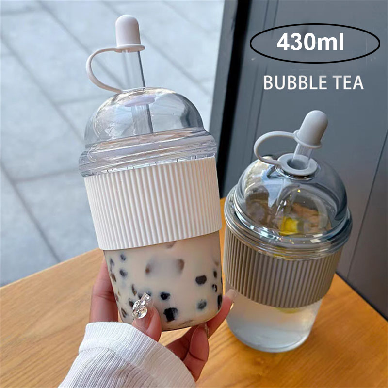 Coffee Tea Boba - 430MLストロー付き蓋付きバブルボバティーカップ、大容量ティーコーヒーミルクカップ、インスタイルウォーターボトル、オフィスジュースマグ