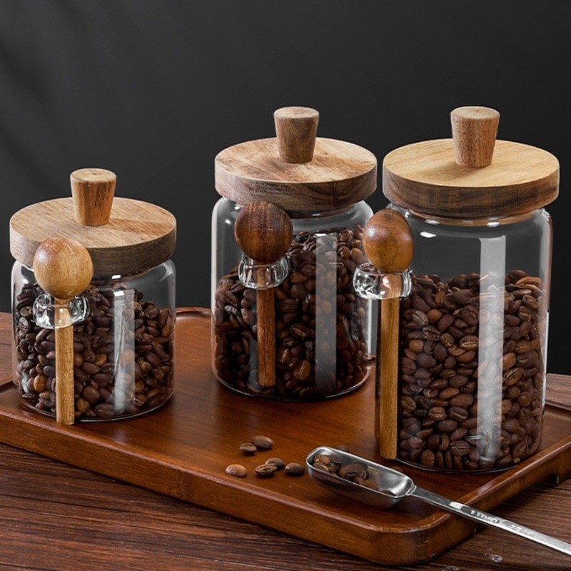 Coffee Tea Jar Set - ABJIガラスジャー 木製蓋とスプーン付き 13オンス、20オンス、30オンス コーヒー、紅茶、砂糖用キャニスター 3個セット 透明ガラス保存容器