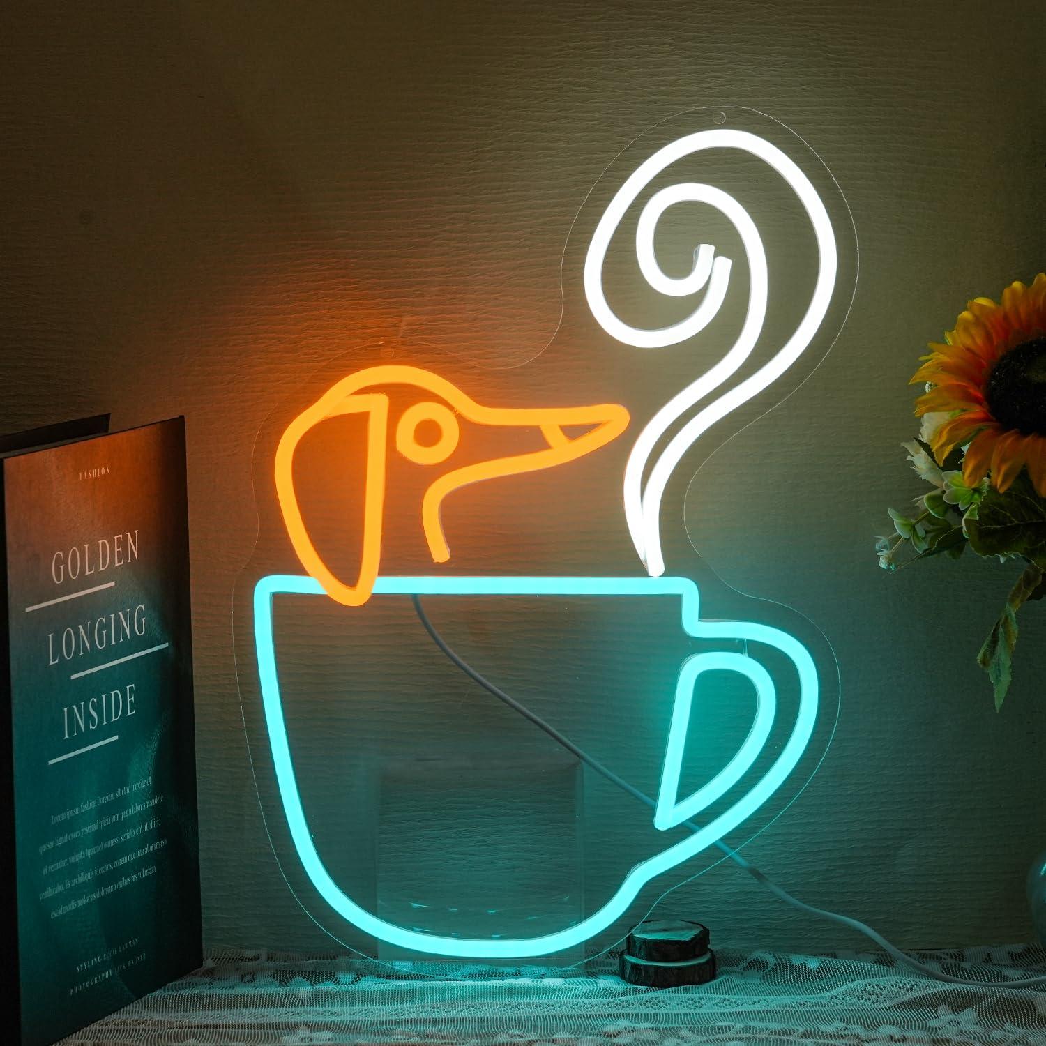 Coffee Tea Neon Sign - ダックスフントコーヒーカップネオンサイン USB調光LEDライト コーヒーショップ、ミルクティーストア、寝室、ティールームのネオンウォールアート装飾用