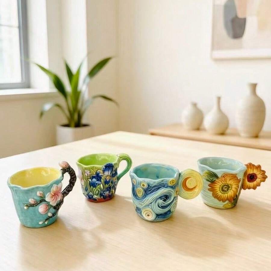 Coffee Tea Van - 4個セットのゴッホシリーズエンボス加工セラミックイタリアンコーヒーカップ、虹、星空、ひまわり、アーモンドの花のデザインが施された手描きの創造的なカンフーティーカップ、母の日、バレンタインデー、クリスマス、誕生日のギフトに最適です。