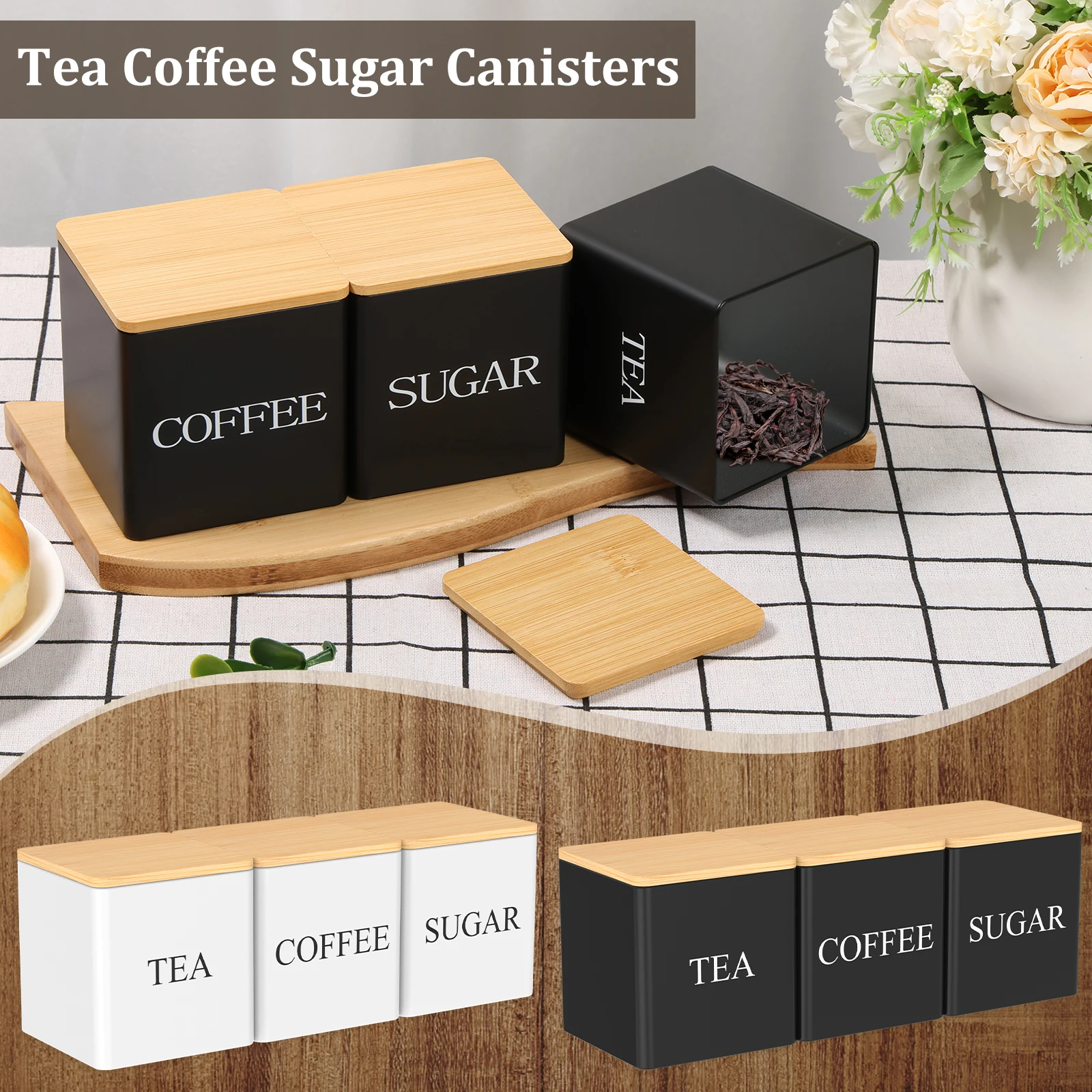 Coffee Tea Jar Set - 3個セット 500ml 茶葉・砂糖・コーヒー用キャニスター 密閉式茶葉・砂糖・コーヒー保存瓶 竹製蓋付き 大容量コーヒー容器
