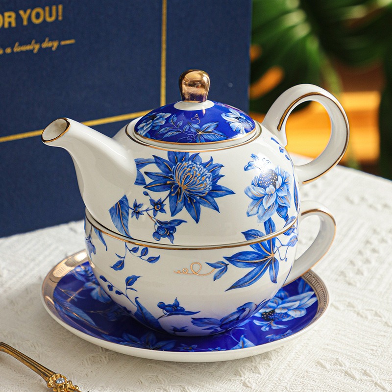 Coffee Tea Gift Set - ブルーピオニー セラミックティーセット、ヨーロッパ風母子ティーポット、コーヒーカップ＆ソーサーセット、アフタヌーンティー・コーヒー用、彼女への高級ギフト