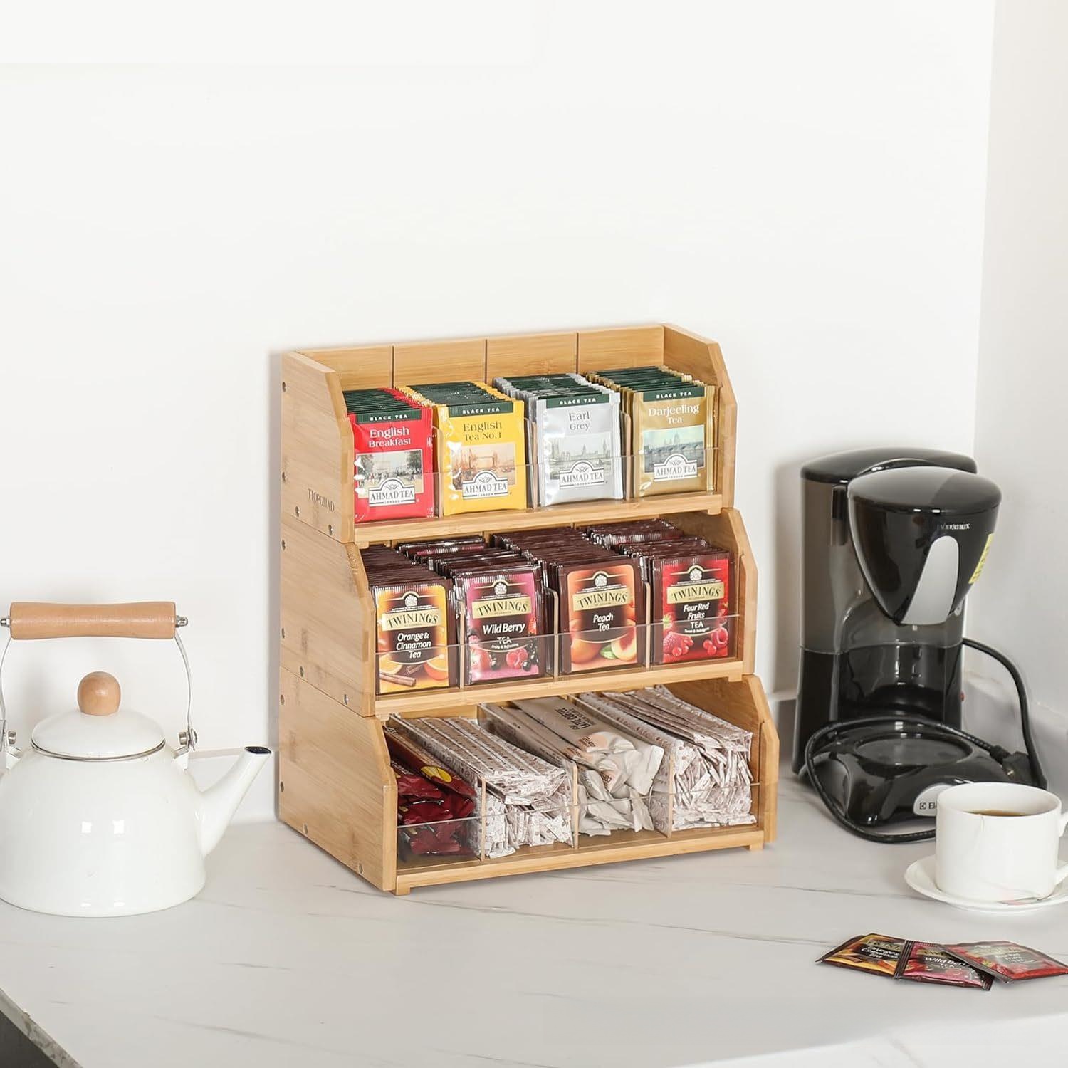 Coffee Tea Box - 竹製ティーバッグ収納ボックス三層コーヒーバッグディスプレイラックコーヒーステーションティールームカプセルコーヒー収納ボックスオーガナイザー