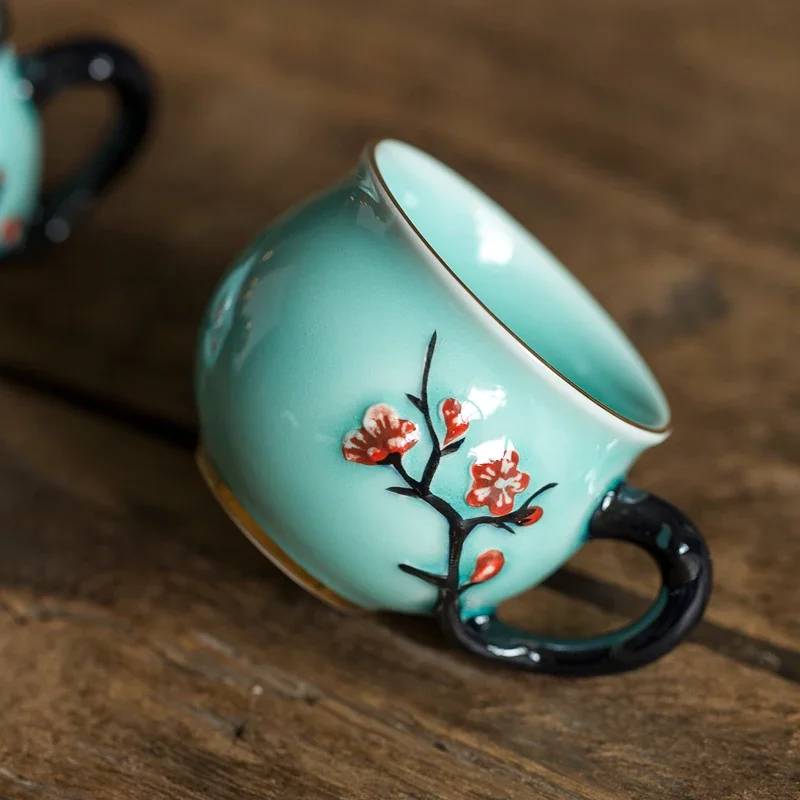 Coffee Tea In Chinese - 中国の手作り梅模様セラミックティーカップ小さなコーヒーカップハンドル付き中国磁器マグティーセット