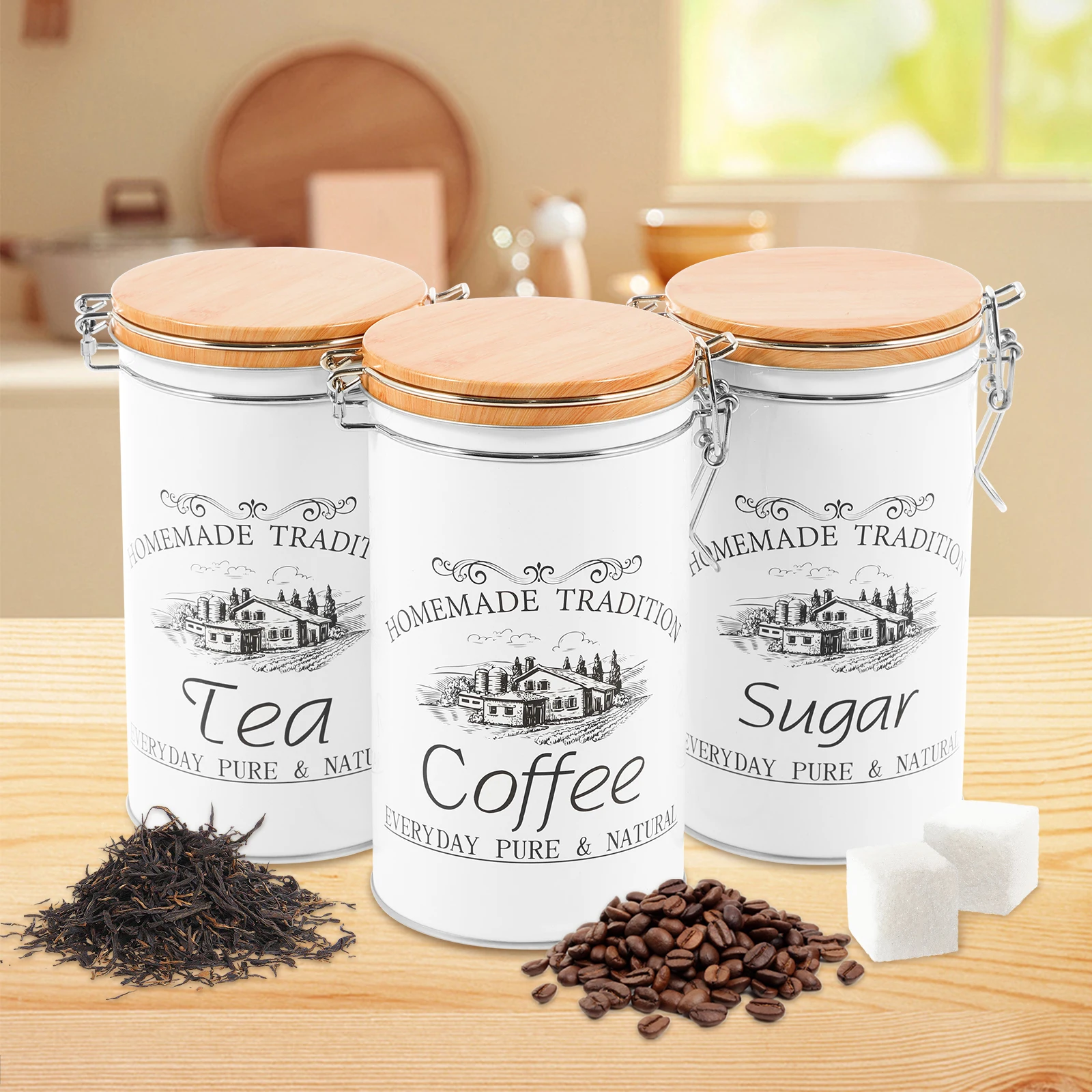 Coffee Tea Jar Set - 3 ピース/セット茶コーヒー砂糖キャニスター金属コーヒー豆保存瓶多用途茶コーヒー砂糖容器キッチン食品用品