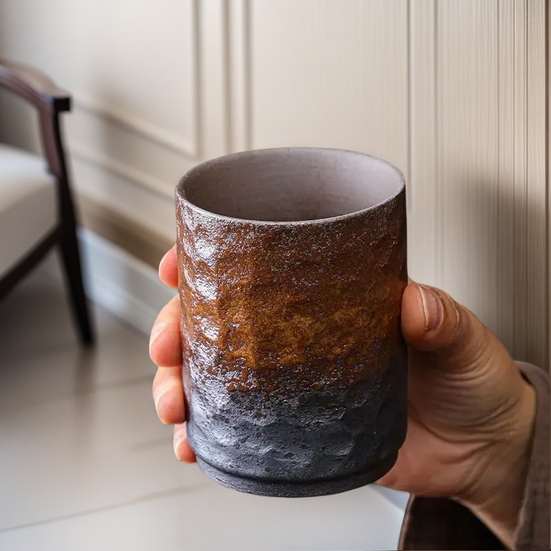 Coffee Tea In Chinese - ヴィンテージ手作り中国石器マグカップ - 家庭&オフィス用の大きな素朴なコーヒーカップ、ユニークなデザインのセラミックティーカップギフトアイデア