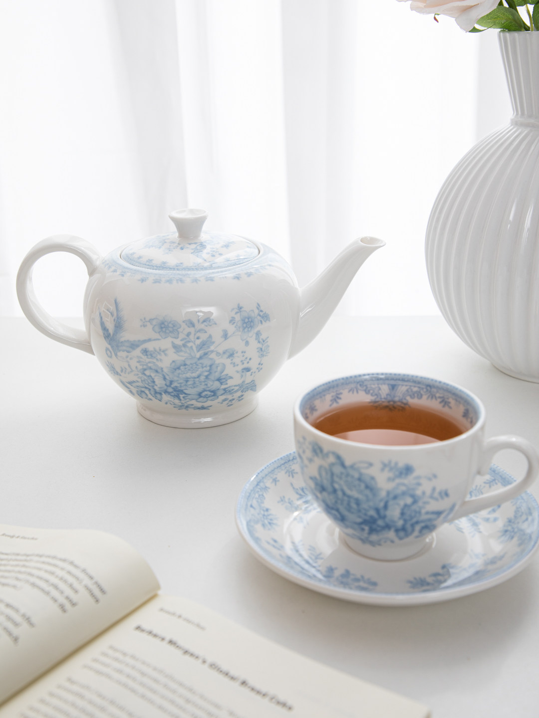 ハウス、レトロな青い牡丹柄のアフタヌーンティーカップ＆ソーサ - Coffee Tea Jar Set のレビューと価格