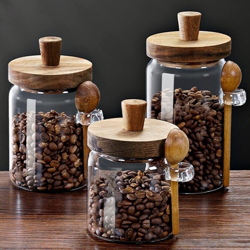 ABJIガラスジャー 木製蓋とスプーン付き 13オンス、20 - Coffee Tea Jar Set のレビューと価格