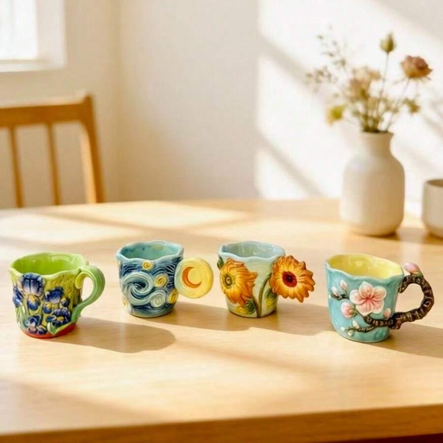 4個セットのゴッホシリーズエンボス加工セラミックイタリアンコ - Coffee Tea Van のレビューと価格