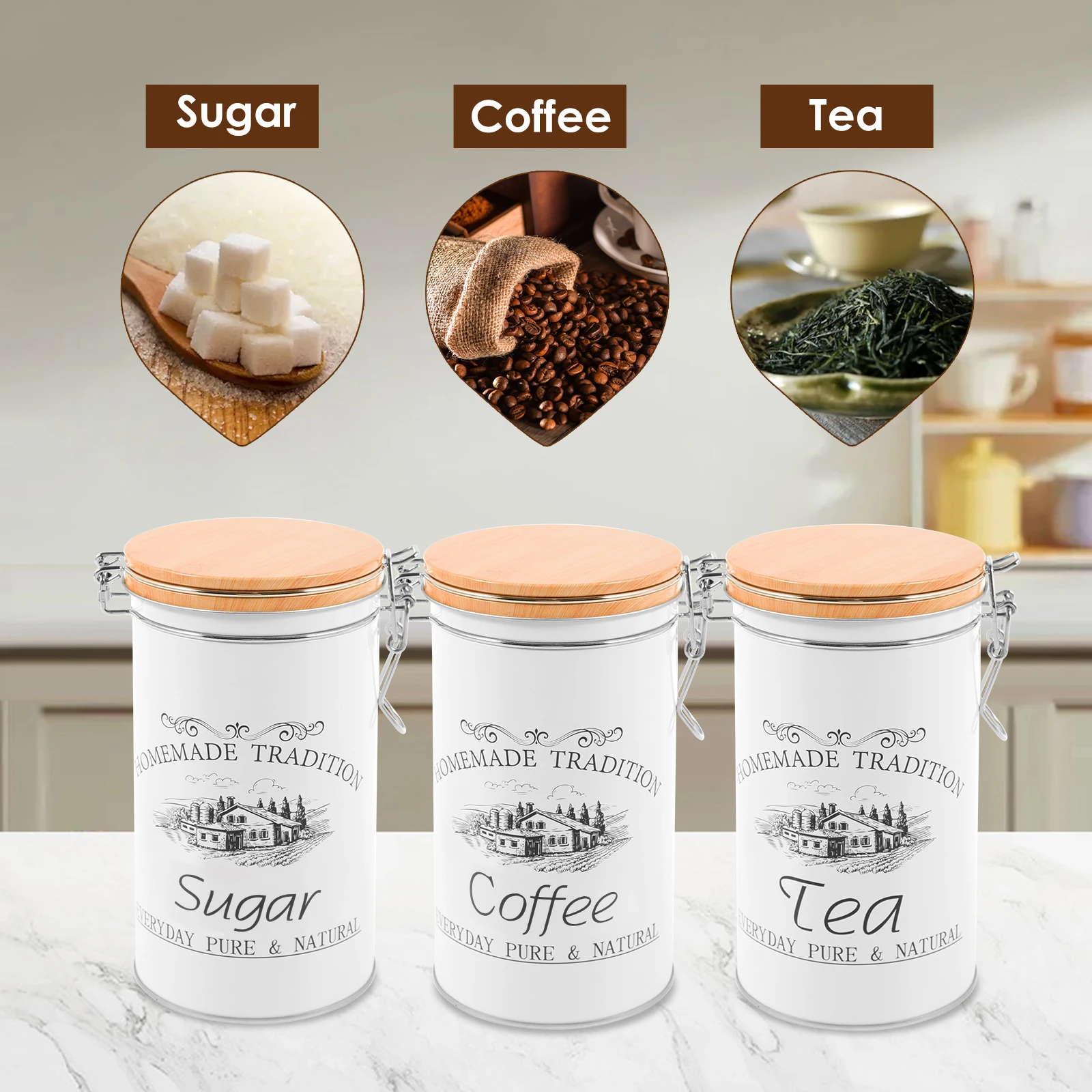 3 ピース/セット茶コーヒー砂糖キャニスター金属コーヒー豆保 - Coffee Tea Jar Set のレビューと価格