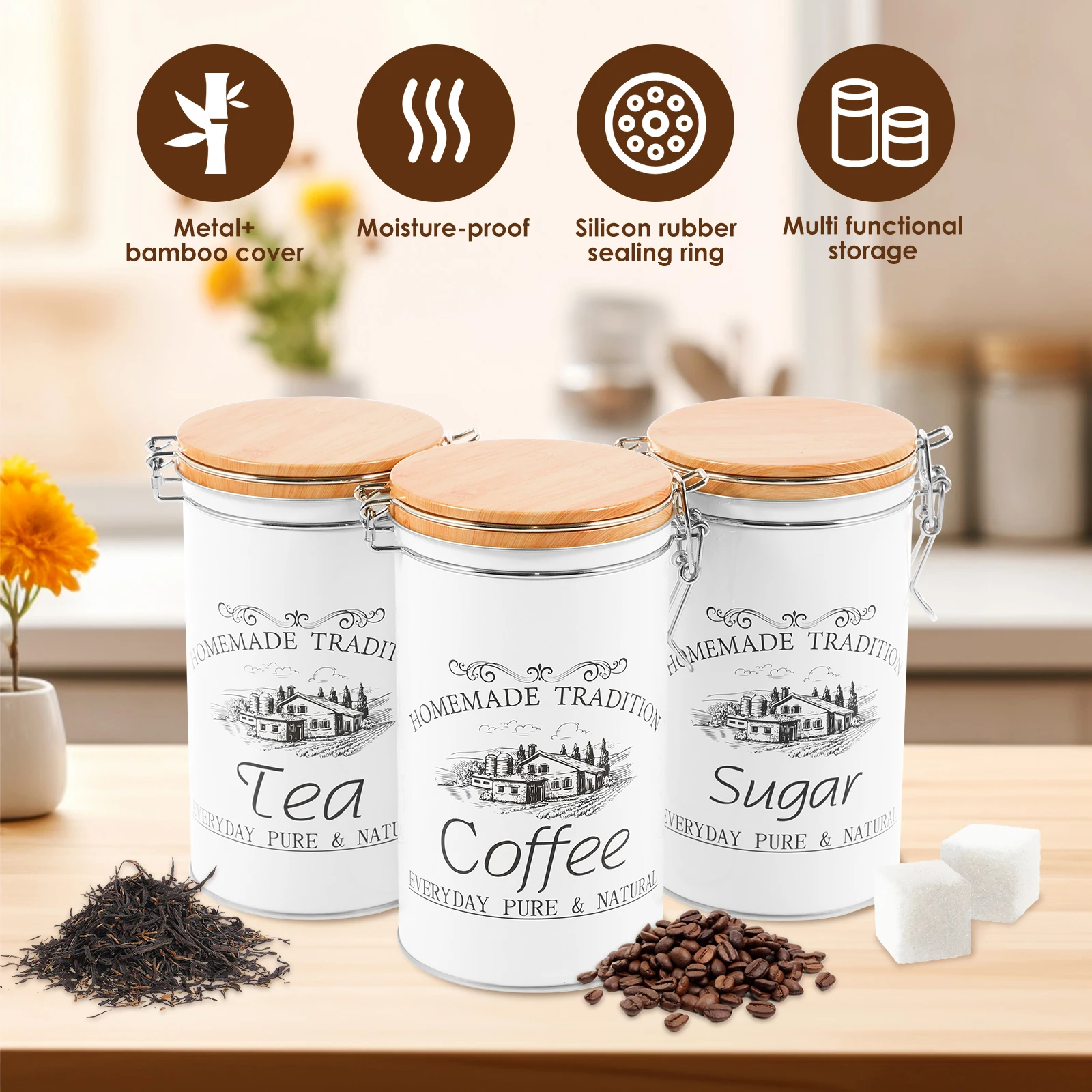 3 ピース/セット茶コーヒー砂糖キャニスター金属コーヒー豆保 - Coffee Tea Jar Set のレビューと価格