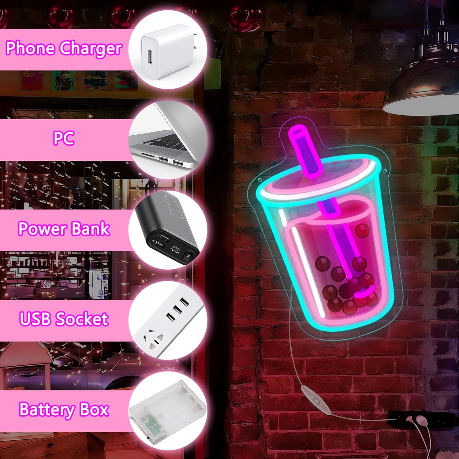 バブルティーネオンサイン USB 電源付き調光可能な LED - Coffee Tea Neon Sign のレビューと価格
